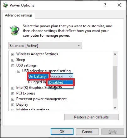 click-on-on-battery-and-change-the-setting-to-disa إصلاح خطأ انقطاع الاتصال وإعادة الاتصال بجهاز USB بشكل مستمر