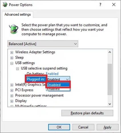 click-on-plugged-in-and-change-the-setting-to-disa إصلاح خطأ انقطاع الاتصال وإعادة الاتصال بجهاز USB بشكل مستمر