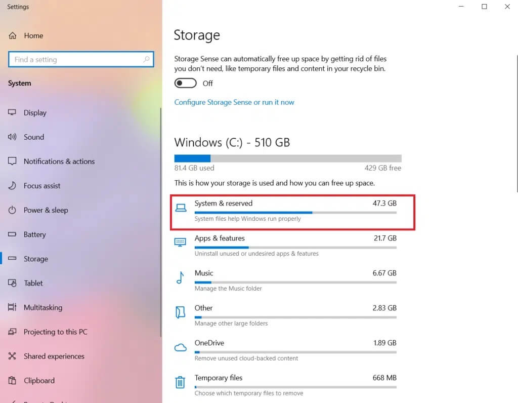 click-system-and-reserved-in-storage-settings-1024x796-1 كيفية حذف ملفات إعداد Win في Windows 10