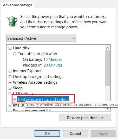 double-click-on-usb-selective-supend-settings-in-usb-settings-in-Change-advanced-power-settings-window إصلاح جهاز USB غير معروف في Windows 10