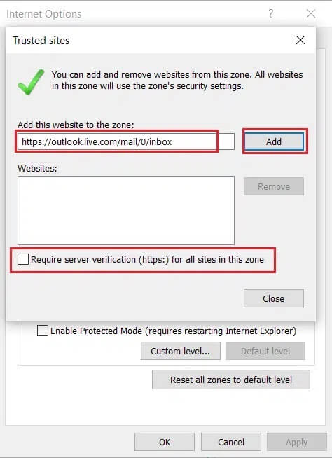 enter-the-owa-page-link-and-click-on-Add-and-uncheck-Require-server-verification-option-https-for-all-sites-under-this-zone-option إصلاح لا يمكن عرض المحتوى لأن عنصر تحكم S / MIME غير متاح