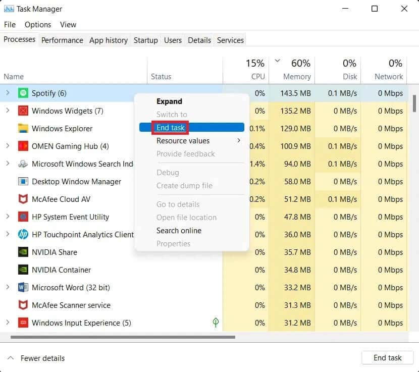 find-spotify-processes-and-right-click-and-select إصلاح عدم فتح Spotify على Windows 10