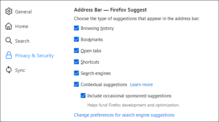 firefox-suggest-settings أضافت Firefox إعلانات في شريط البحث