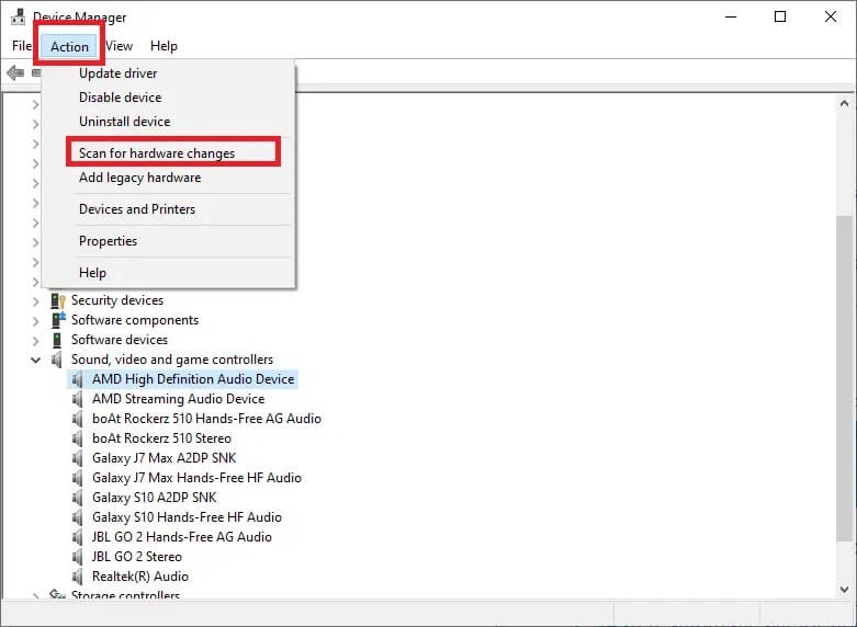 go-to-action-greater-scan-for-hardware-changes كيفية تعطيل WiFi Direct في نظام التشغيل Windows 10