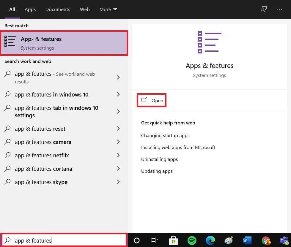 in-a-search-bar-type-apps-and-features-and-click-on كيفية إصلاح توقف تحديث Avast على Windows 10
