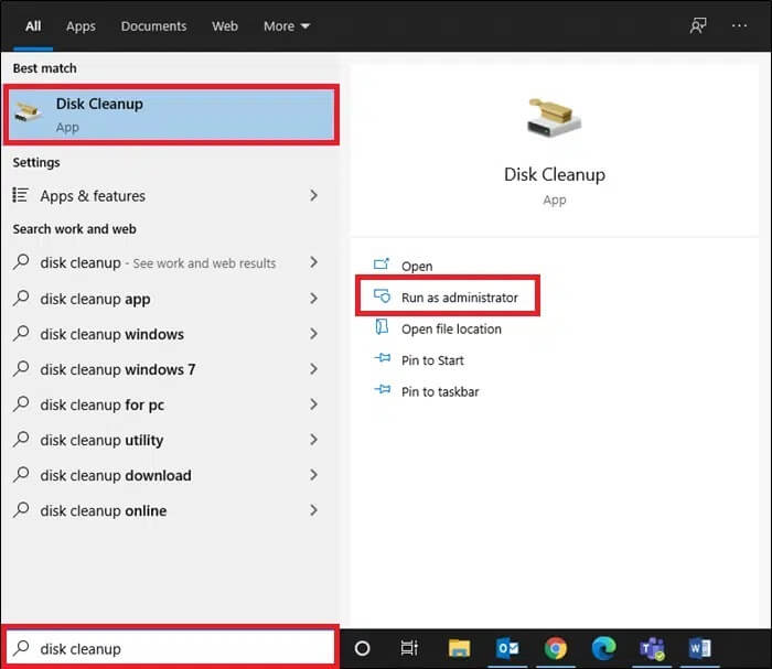 in-a-search-bar-type-disk-cleanup-and-click-run-as كيفية حذف ملفات إعداد Win في Windows 10