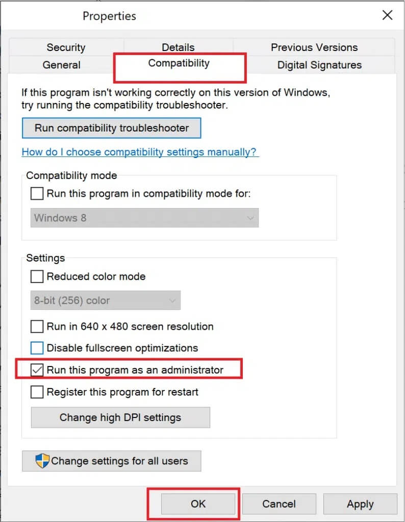 in-compability-tab-check-the-box-Run-this-program-as-an-administrator إصلاح عدم القدرة على تشغيل Star Wars Battlefront 2
