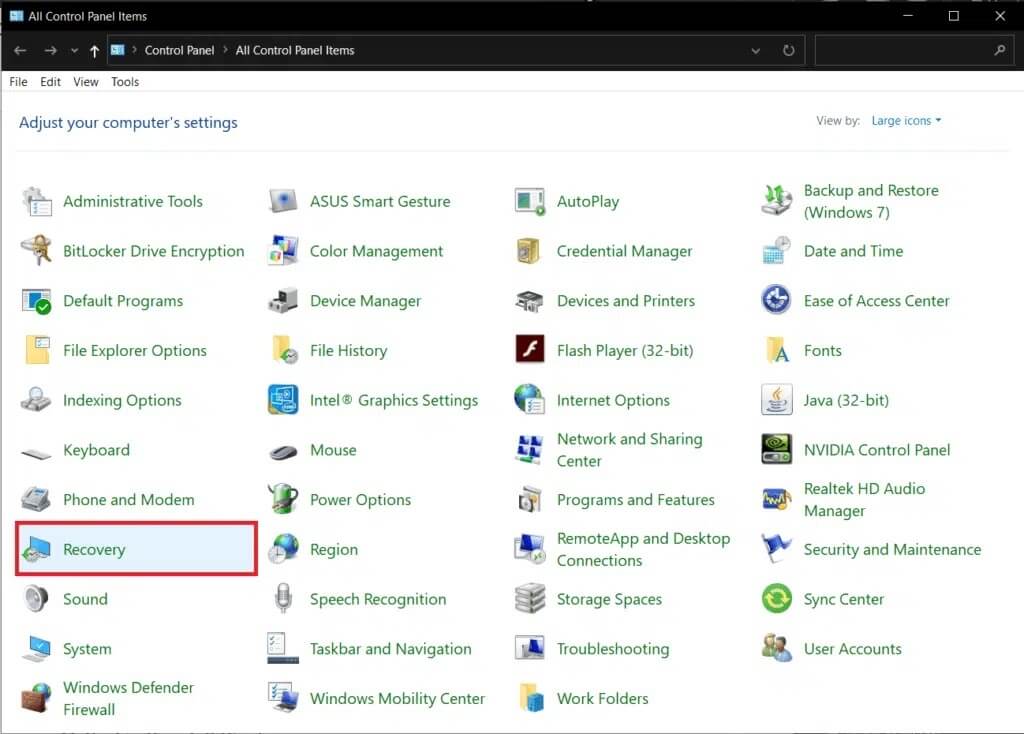 launch-control-panel-and-select-recovery إصلاح الاستخدام العالي لـ CPU لعملية خدمة مضيف DISM
