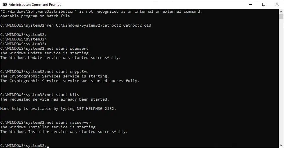 net-start-wuauserv-net-start-cryptsvc-net-start-bi 8 حلول لمشكلة عدم اكتمال تنصيب Windows 10