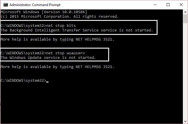 net-stop-bits-and-net-stop-wuauserv 8 حلول لمشكلة عدم اكتمال تنصيب Windows 10