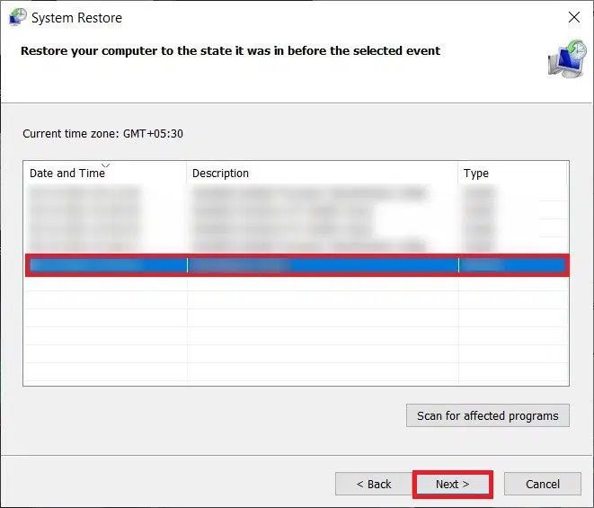 now-select-your-desired-system-restore-point-form إصلاح Windows 10 عالق عند الاستعداد لـ Windows