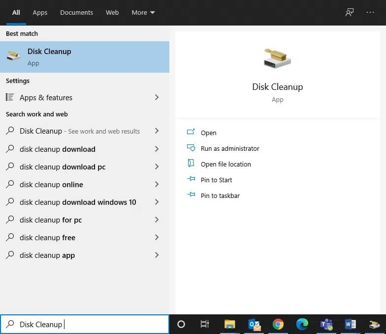 open-disk-cleanup-from-your-search-results كيفية إصلاح ارتفاع استخدام وحدة المعالجة المركزية CPU بسبب hkcmd