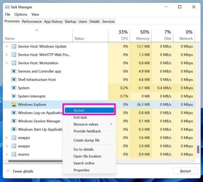 restart-file-explorer_935adec67b324b146ff212ec4c69054f أفضل 6 طرق لإصلاح عدم عمل شريط مهام Windows 11