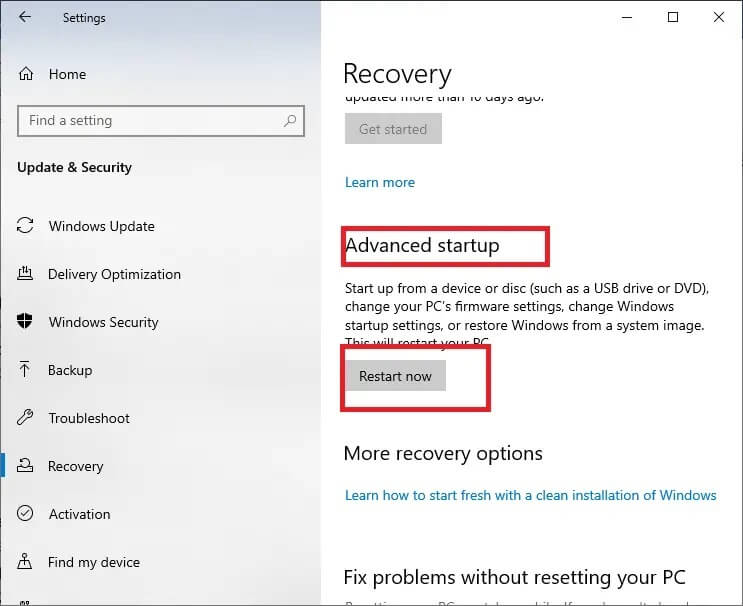 restart-now-from-the-advanced-startup-menu- إصلاح خطأ لم يتم ترحيل الجهاز على نظام التشغيل Windows 10