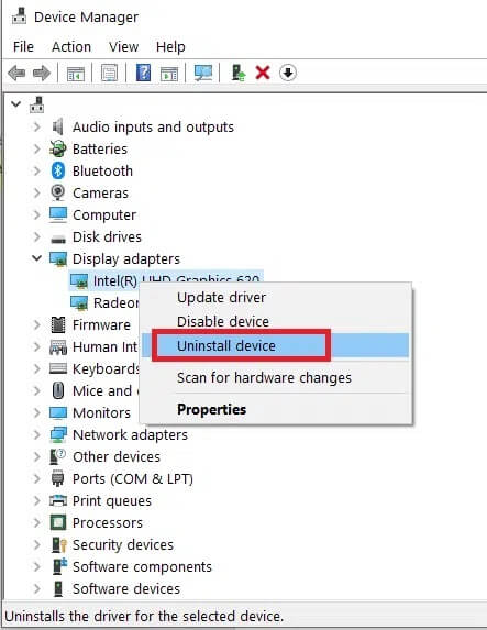 right-click-on-intel-display-driver-and-select-Uninstall-device إصلاح مشكلة Overwatch FPS Drops