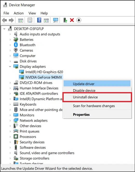 right-click-on-the-driver-and-select-uninstall-dev-4 إصلاح شاشة League of Legends السوداء في Windows 10