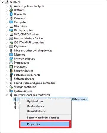 right-click-on-the-usb-driver-and-click-on-the-pro إصلاح خطأ انقطاع الاتصال وإعادة الاتصال بجهاز USB بشكل مستمر