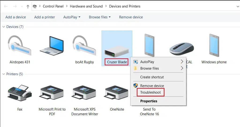 right-click-on-usb-device-and-select-troubleshoot-option-in-devices-and-printers-Window-1 إصلاح جهاز USB غير معروف في Windows 10