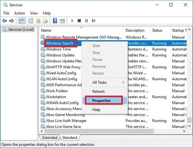 right-click-on-windows-search-service-and-select إصلاح الاستخدام العالي لـ CPU لعملية خدمة مضيف DISM