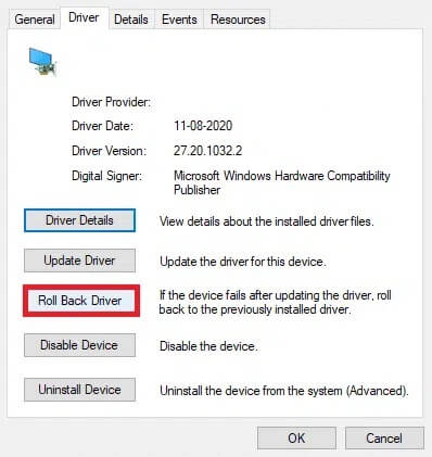 roll-back-driver إصلاح جهاز USB غير معروف في Windows 10