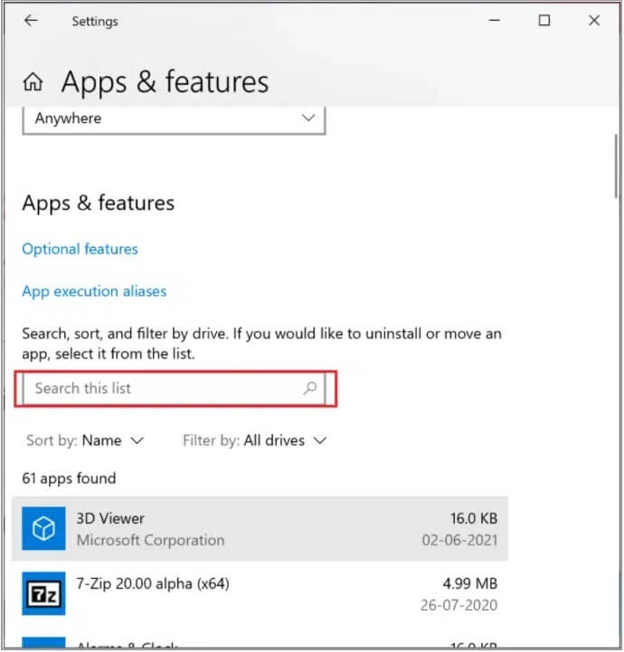 search-avast-antivirus-in-Apps-and-Features إصلاح شاشة League of Legends السوداء في Windows 10