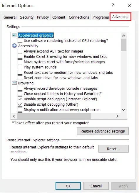 select-Advanced-tab-in-Internet-Option-in-Internet-Explorer إصلاح لا يمكن عرض المحتوى لأن عنصر تحكم S / MIME غير متاح