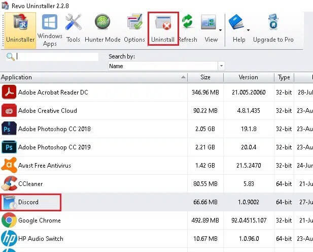 select-Discord-and-click-on-Uninstall-in-revo-uninstaller-1 كيفية حذف Discord