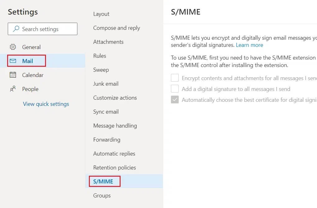 select-Mail-then-click-on-S-MIME-option-in-OWA-settings إصلاح لا يمكن عرض المحتوى لأن عنصر تحكم S / MIME غير متاح