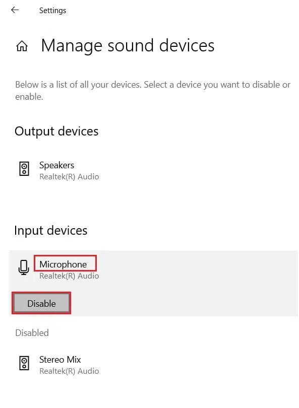 select-Microphone-under-input-devices-then-click-on-Disable-button كيفية كتم صوت الميكروفون في نظام التشغيل Windows 10