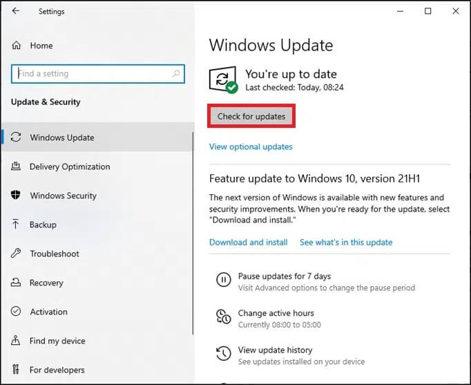 select-check-for-updates-from-the-right-panel إصلاح خطأ انقطاع الاتصال وإعادة الاتصال بجهاز USB بشكل مستمر