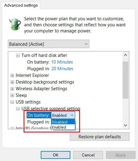 select-on-battery-settings-to-disabled-in-usb-selective-supend-settings-in-usb-settings-in-Change-advanced-power-settings-window إصلاح جهاز USB غير معروف في Windows 10