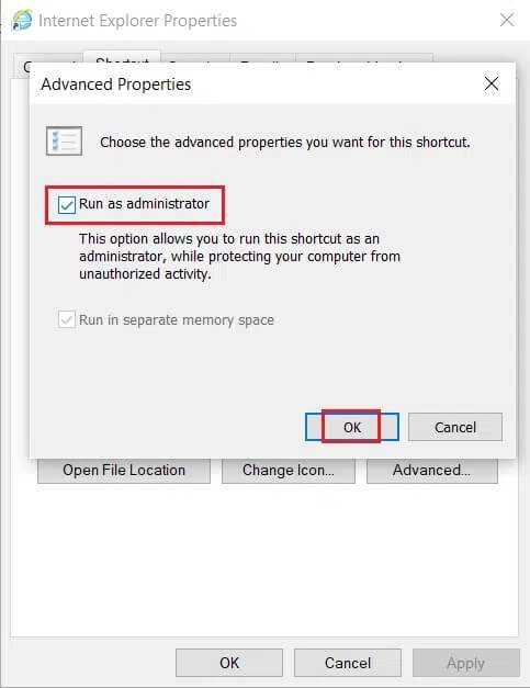select-run-as-administrator-in-Advanced-option-of-Shortcuts-tab-in-Internet-Explorer-Properties إصلاح لا يمكن عرض المحتوى لأن عنصر تحكم S / MIME غير متاح