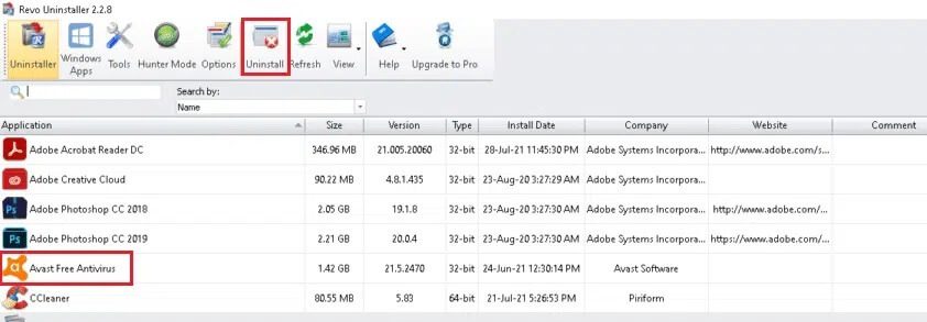 select-the-Avast-Free-Antivirus-program-and-click-on-Uninstall-from-the-top-menu-bar-in-Revo-Uninstaller كيفية إصلاح توقف تحديث Avast على Windows 10