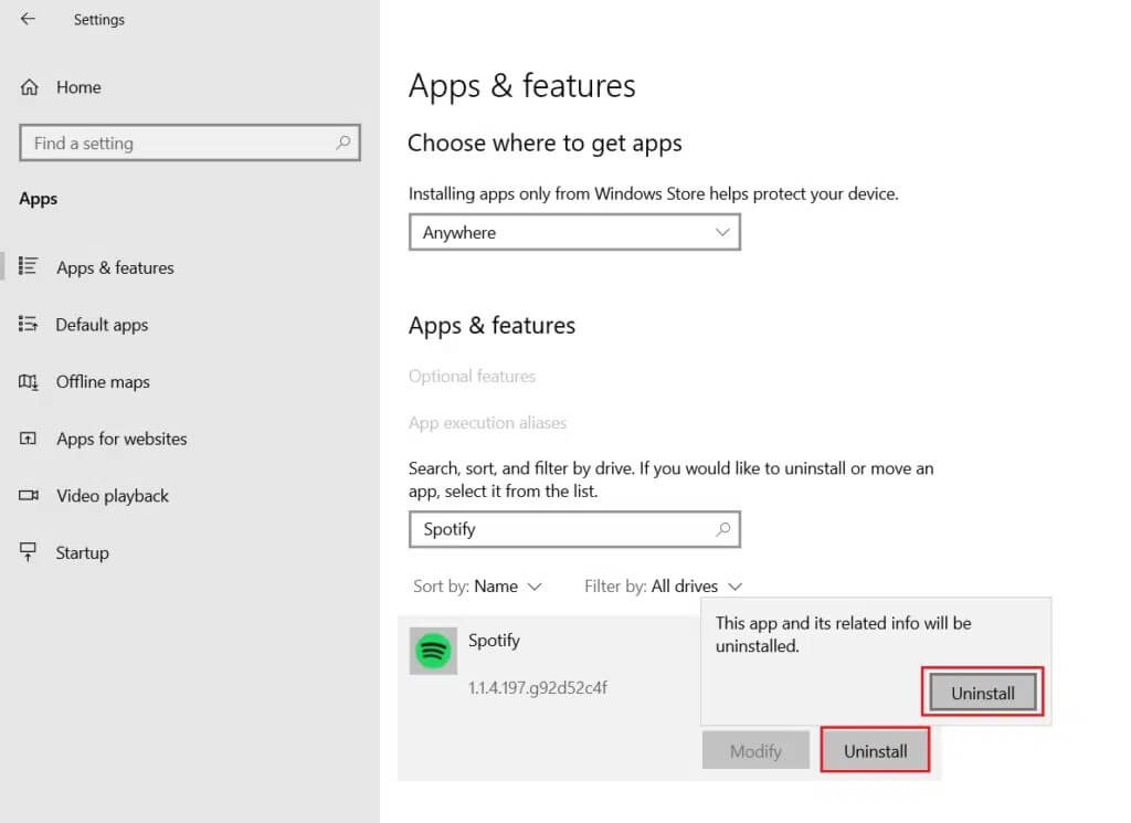select-uninstall-to-remove-spotify-app-from-window-1024x745-1 إصلاح عدم فتح Spotify على Windows 10