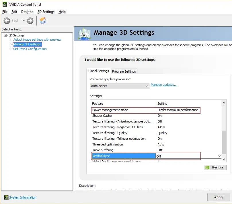 set-power-management-mode-to-maximum-in-3d-settings-of-NVIDIA-control-panel-and-disable-Vertical-sync كيفية إصلاح خطأ Dev 6068