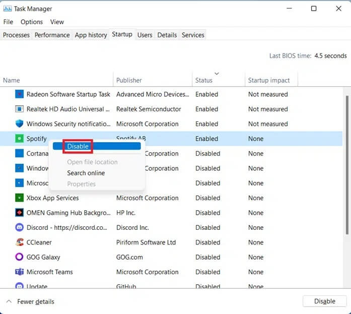 startup-tab-in-task-manager إصلاح عدم فتح Spotify على Windows 10