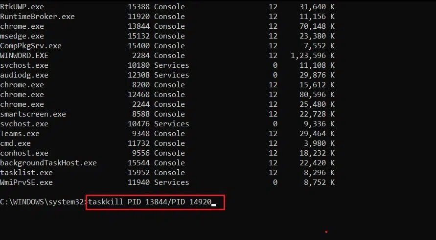 taskkill-command-to-kill-multiple-process-using-PID-number-in-Command-Prompt-or-cmd 3 طرق لانهاء عملية في نظام التشغيل Windows 10