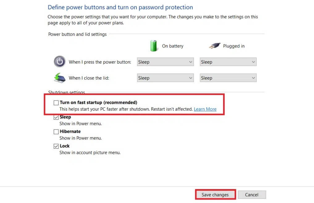 uncheck-the-box-Turn-on-fast-startup-and-then-click-on-Save-changes-as-shown-below إصلاح جهاز USB غير معروف في Windows 10