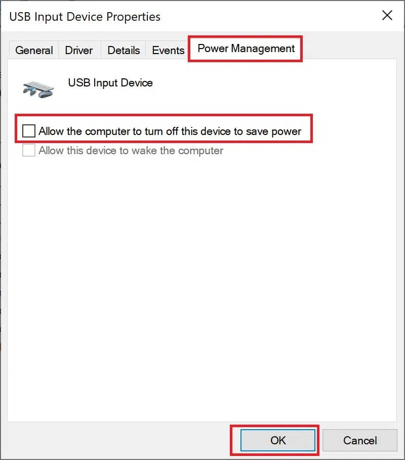 uncheck-the-box-next-to-allow-the-computer-to-tur إصلاح خطأ انقطاع الاتصال وإعادة الاتصال بجهاز USB بشكل مستمر