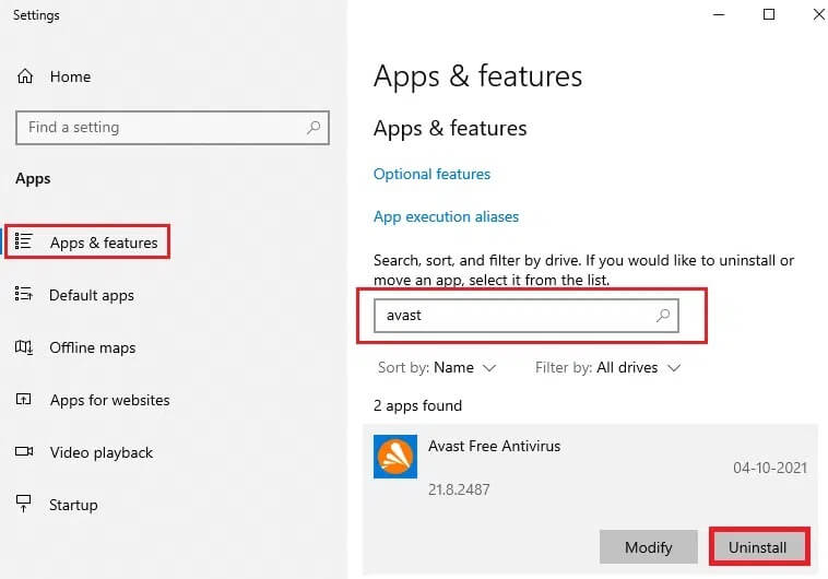 uninstall-avast-antivirus-from-apps-and-features-1 كيفية إصلاح توقف تحديث Avast على Windows 10