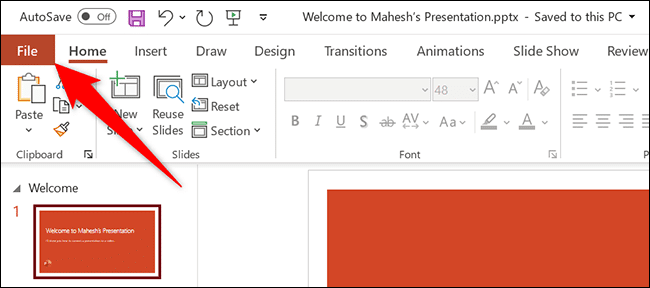 1-powerpoint-file-menu كيفية تحويل عرض تقديمي من Microsoft PowerPoint إلى مقطع فيديو