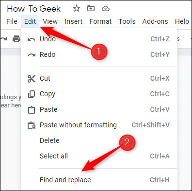 Click-Find-and-Replace-in-the-menu. كيفية البحث في Google Docs