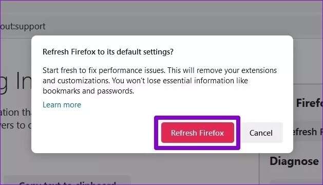 Confirm-Refresh-Firefox_4d470f76dc99e18ad75087b1b8410ea9-629x360 أفضل 6 طرق لإصلاح عدم عمل إضافات Firefox على جهاز الكمبيوتر