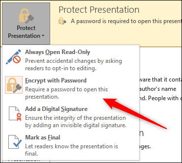 Encrypt-with-password-option هل يمكنني منع الناس من تحرير عرض PowerPoint التقديمي الخاص بي؟