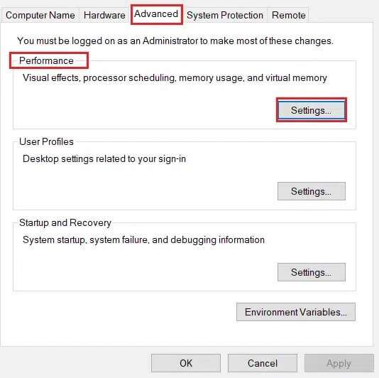 Go-to-the-Advanced-tab-and-click-on-the-Settings-button-under-the-Performance-section-534x532 قائمة بحث ابدأ على Windows 10 لا تعمل إليك كيفية إصلاحها