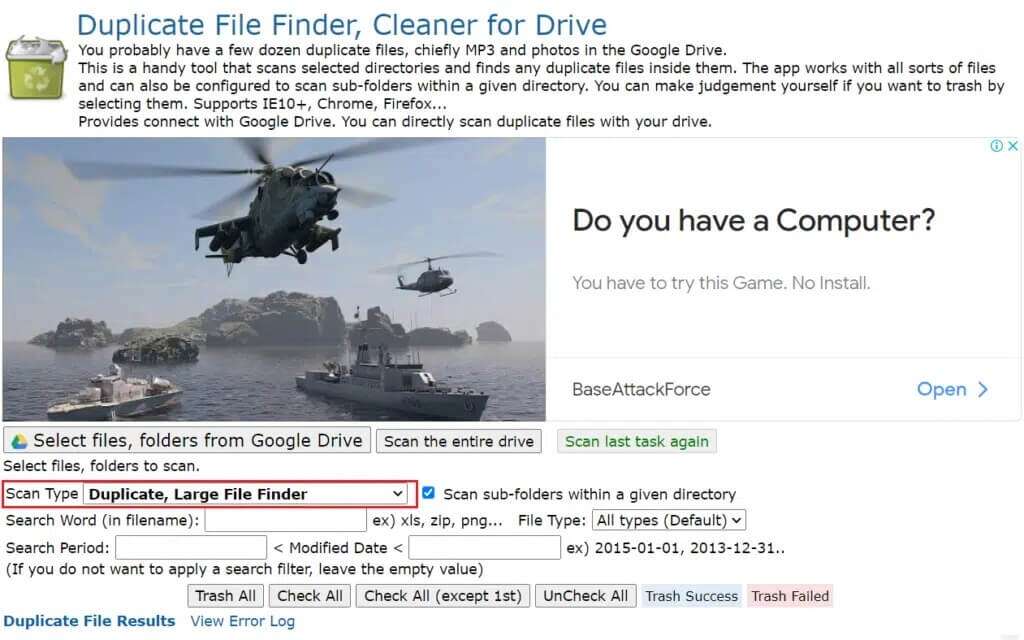 Log-in-using-the-correct-credentials-and-set-the-scan-type-to-Duplicate-Large-File-Finder-1024x640-1-1024x640 كيفية إزالة الملفات المكررة في Google Drive