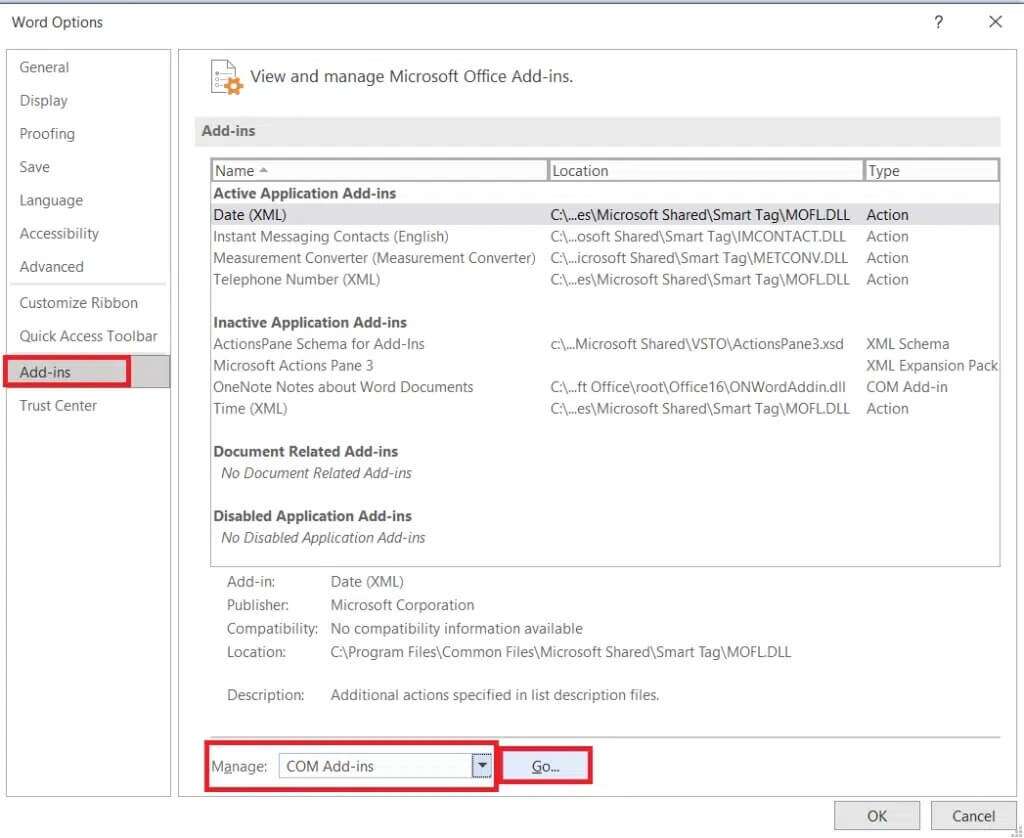 Manage-COM-Add-ins-MS-Word-Options-1024x838-1-1024x838 حل مشكلة توقف Microsoft Office Word عن العمل Windows 10