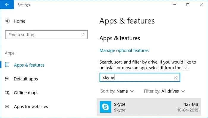 Now-under-Apps-features-heading-type-skype-in-the-Search-box-700x397 إصلاح شاشة الموت الصفراء على Windows 10