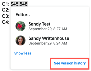 SeeVersionHistory-GoogleDocsShowEditors كيف ترى من قام بتحرير نص معين في Google Docs
