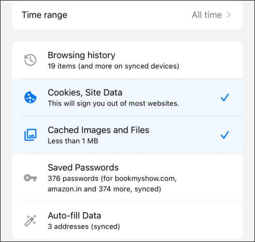 Select-items-to-remove-Chrome كيفية مسح ذاكرة التخزين المؤقت على iPhone و iPad